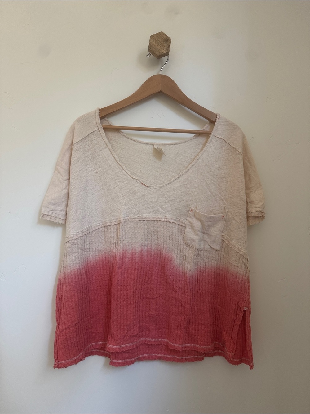 Free People Cream to Pink Dip-Dye Short Sleeve V-Neck Tee